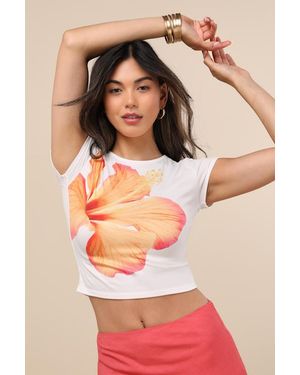 Lulus Marita Short Sleeve Cropped Hibiscus Graphic Tee - Brown
