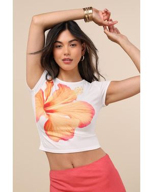 Lulus Marita Short Sleeve Cropped Hibiscus Graphic Tee - Brown