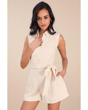 Lulus Corbett Gauzy Collared Belted Sleeveless Romper - Natural