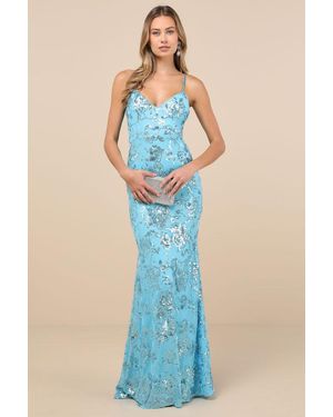Lulus Glittering Excellence Aqua Sequin Lace-Up Maxi Dress - Blue