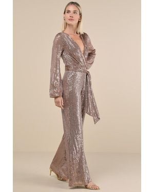 Lulus Effervescent Attitude Bronze Mesh Sequin Long Sleeve Jumpsuit - Natural