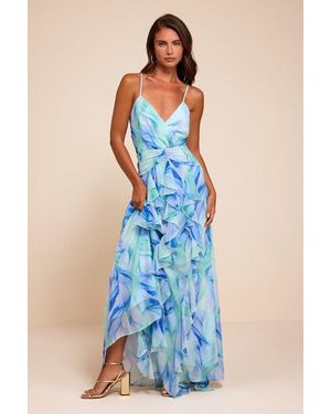 Lulus Astraea Abstract Surplice Ruffled Maxi Dress - Blue
