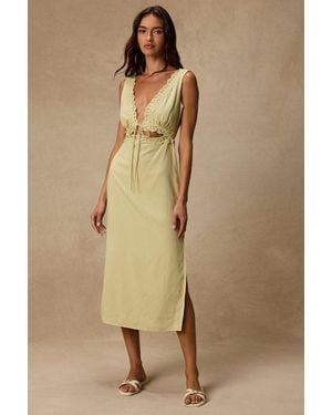 Lulus Connie Light Chartreuse Lace Tie-Front Midi Dress - Natural