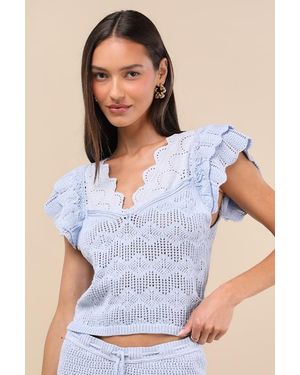JACQUIE THE LABEL Caroline Crochet Knit Flutter Sleeve Top - Blue
