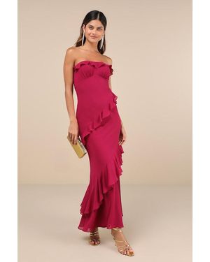 Lulus Dramatic Allure Ruffled Cutout Strapless Maxi Dress - Red