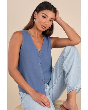 Lulus Casually Sophisticated Linen Button-Front Top - Blue