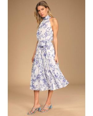 Lulus Float To You Floral Print Halter Tiered Midi Dress - Blue