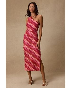 Lulus Augustine Multi Crochet Chevron One-Shoulder Midi Dress - Red