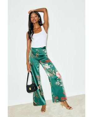 Lulus Thriving Vibes Floral Print Satin Wide-Leg Pants - Green