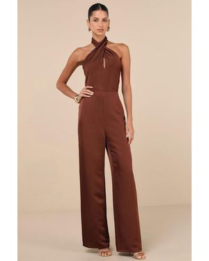 Lulus Beyond Classy Satin Halter Wide-Leg Jumpsuit - Brown