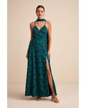 Lulus Mahira Emerald Satin Jacquard Surplice Sash Scarf Maxi Dress - Blue