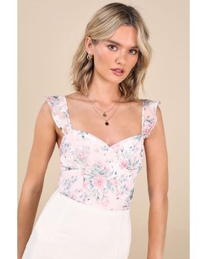 Lulus Niella Blush Floral Ruffled Bodysuit - Natural
