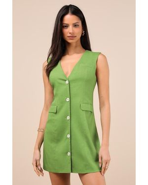 Lulus Mairi Linen Button-Front Sleeveless Mini Dress - Green