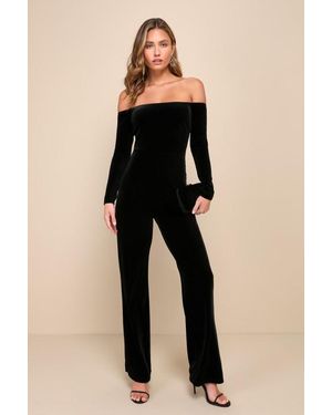 Lulus Luxurious Dream Velvet Off-The-Shoulder Bow Jumpsuit - Black