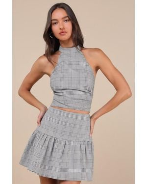 Lulus Trendy Momentum Plaid Backless Halter Top - Grey