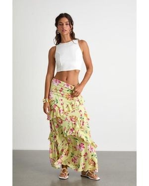 Lulus Revina Lime Floral Ruffled High-Rise Maxi Skirt - Metallic
