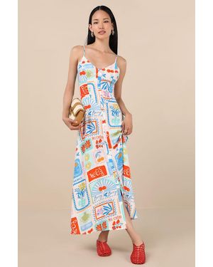 Lulus Sanya Multi Print Button-Front Sleeveless Midi Dress - White