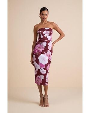 Lulus Oriana Floral Satin Strapless Midi Dress - Natural