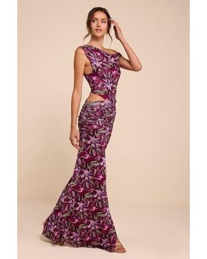 Lulus Veya Multi Floral Mesh Asymmetrical Maxi Dress - Red