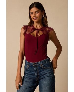 Lulus Coveted Crush Lace Tie-Neck Bodysuit - Red