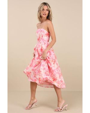 Lulus Eulalia Floral Lace-Up Strapless Bustier Midi Dress - Pink