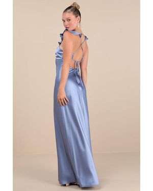 Lulus Exuberant Luxury Periwinkle Satin Ruffled Lace-Up Maxi Dress - Blue