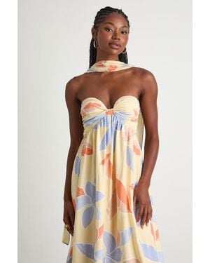 Lulus Kelia Leaf Print Midi Dress And Scarf Set - Yellow
