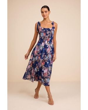 Lulus Jodia Multi Floral Pleated Tie-Strap Midi Dress - Blue