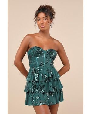 Lulus Definite Glamour Emerald Mesh Sequin Bustier Tiered Mini Dress - Green