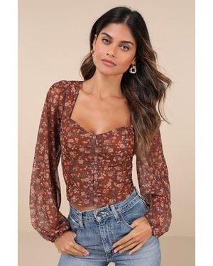 Lulus Feeling So Cute Floral Mesh Balloon Sleeve Crop Top - Blue
