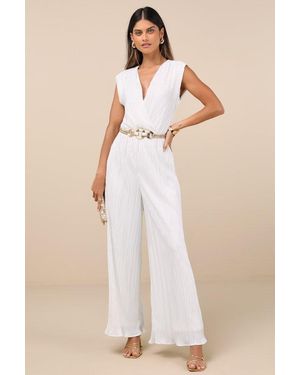 Lulus Firenze Plisse Surplice Sleeveless Wide-Leg Jumpsuit - Natural