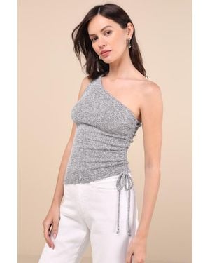 Lulus Cassara Marled Ribbed One-Shoulder Drawstring Tank Top - Gray