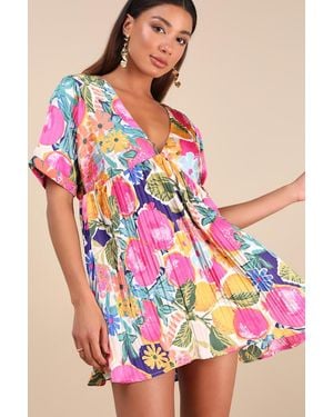 Lulus Express Yourself Multi Floral Print Satin Babydoll Dress - Pink