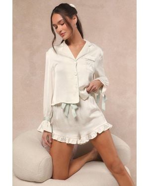 Lulus Kelda And Sage Satin Embroidered Two-Piece Pyjama Set - Natural