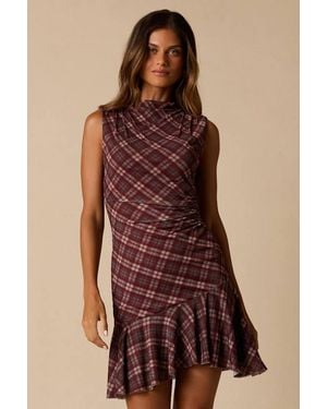 Lulus Selvia Plaid Ruched Mesh Mini Dress - Red