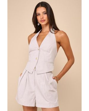Lulus Posh Certainty Pinstripe Linen Pleated High-Rise Shorts - Natural
