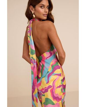 Lulus Glowing Presence Multi Abstract Satin Halter Maxi Dress - Red