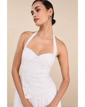 Lulus Alysanne Embroidered Drop Waist Halter Midi Dress - White