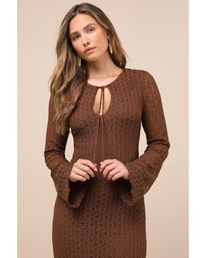 Lulus Wivina Crochet Knit Long Sleeve Midi Dress - Brown