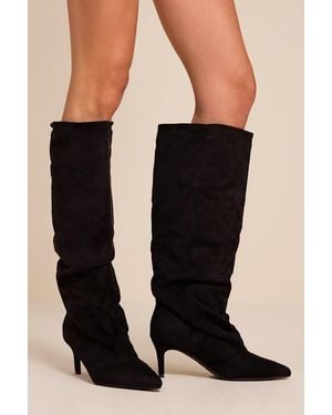 Lulus Maggie Suede Pointed-Toe Ruched Knee-High Boots - Black