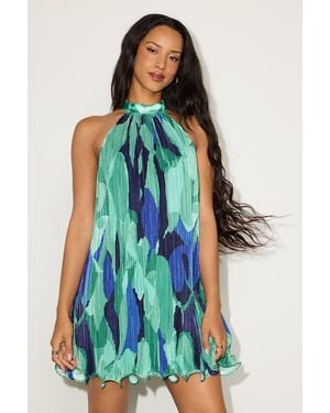 Lulus Vaivah Abstract Satin Plisse Mock Neck Swing Mini Dress - Green