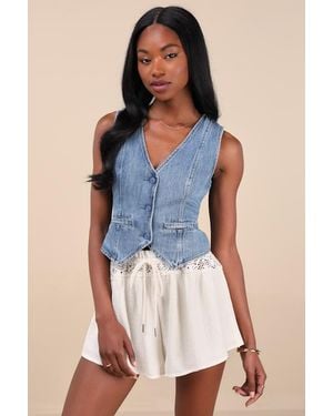 Lulus Marilena Cream Crochet Lace Drawstring Shorts - Blue