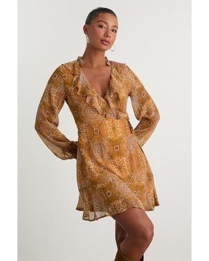 Lulus Claire Boho Print Wrap Mini Dress - Brown