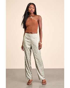 Lulus Kiora Sage Boho Print Satin Straight Leg Trousers - Natural