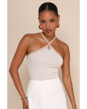 Lulus Delightful Pose Striped Ribbed Knit Keyhole Halter Top - Natural