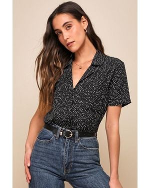 Lulus Good Luck Charm Polka Dot Short Sleeve Button-Up Top - Black