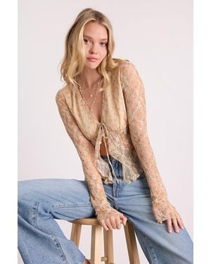 Lulus Netta Floral Lace Tie-Front Long Sleeve Top - Blue