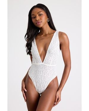 Lulus Lumini Lace Rhinestone Sleeveless Plunge Bodysuit - White