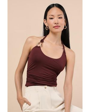 SNDY'S Ash Jersey Knit Ruched Twisted Halter Top - Red