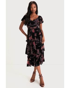 Lulus Oh-So Lovely Floral Burnout Velvet Tiered Midi Dress - Black